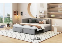 Merax Cama nido 90/180 x 200 cm en forma de L, Sofá cama - Terciopelo - Somier de láminas - claro (sin colchón)