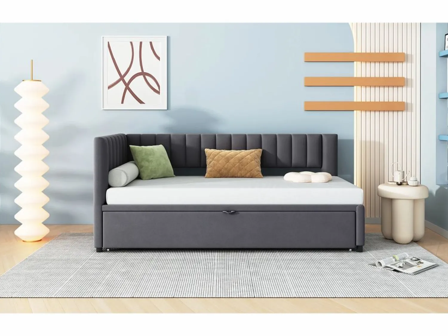 Best Merax Cama nido 90/180 x 200 cm en forma de L, Sofá cama - Terciopelo - Somier de láminas - (sin colchón) Gris