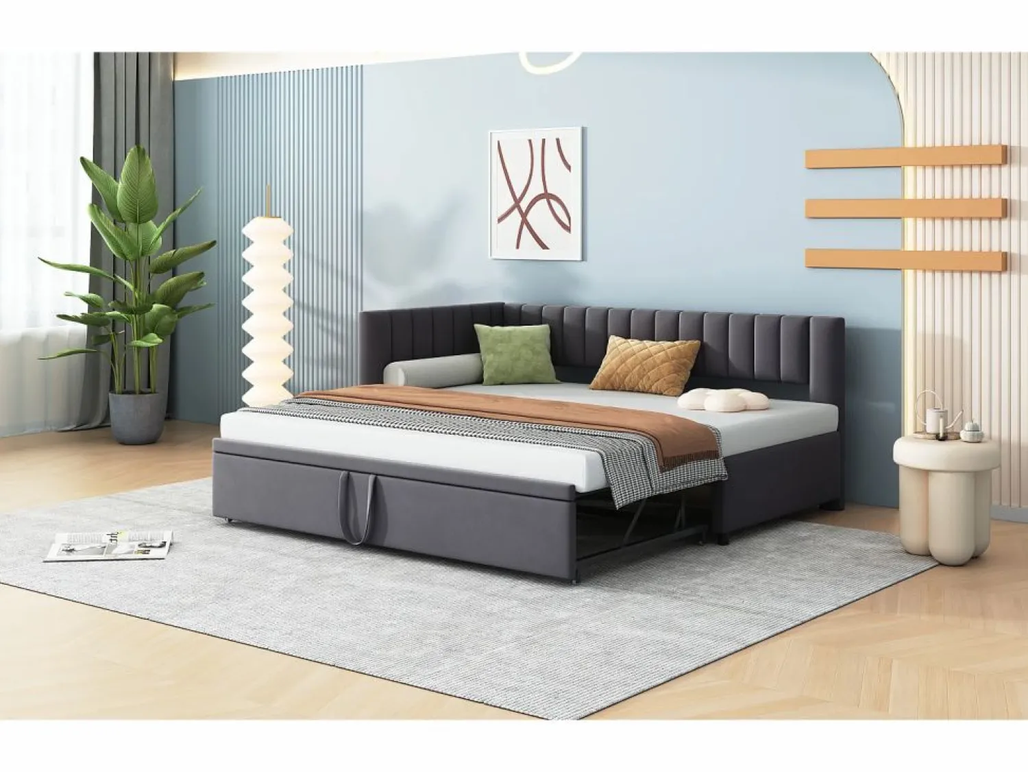 Best Merax Cama nido 90/180 x 200 cm en forma de L, Sofá cama - Terciopelo - Somier de láminas - (sin colchón) Gris