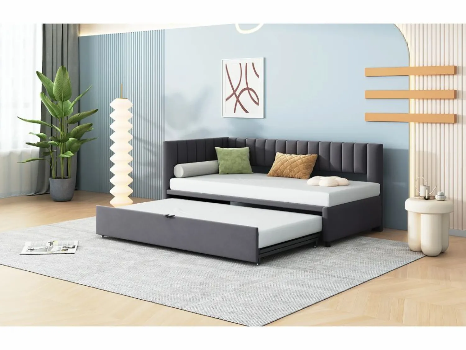 Best Merax Cama nido 90/180 x 200 cm en forma de L, Sofá cama - Terciopelo - Somier de láminas - (sin colchón) Gris