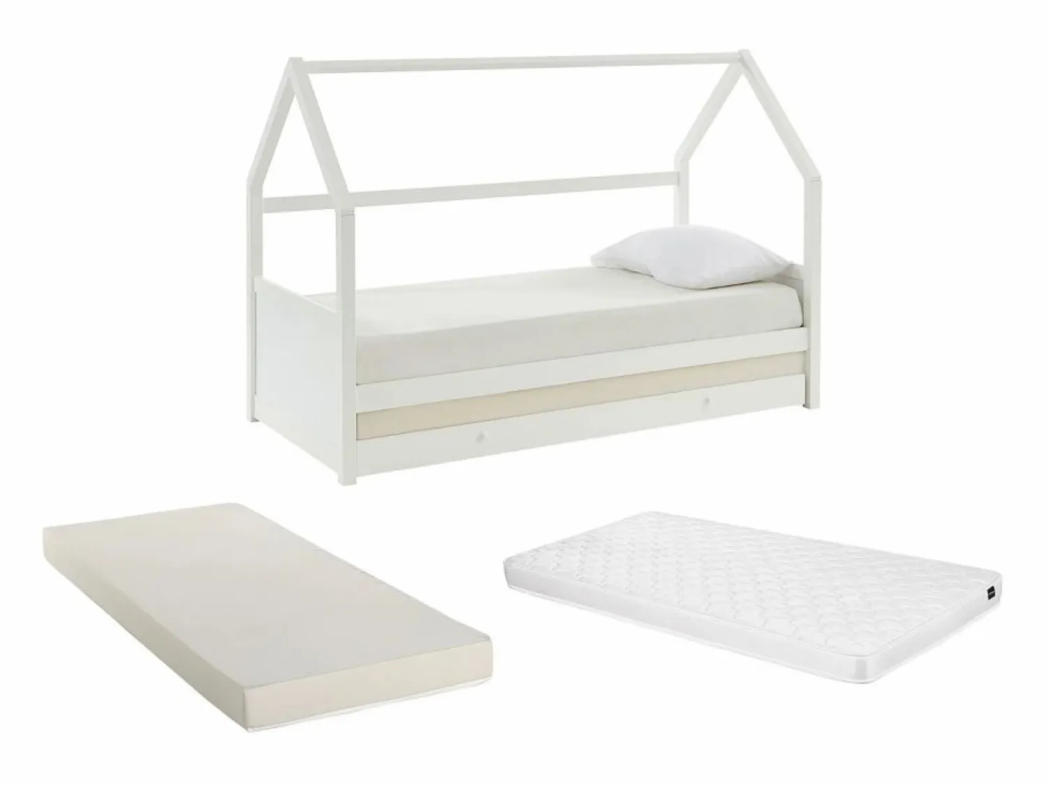 Vente-unique Cama nido cabaña 2 x 90 x 190 cm de madera de Pino con colchón - HURRA Blanco