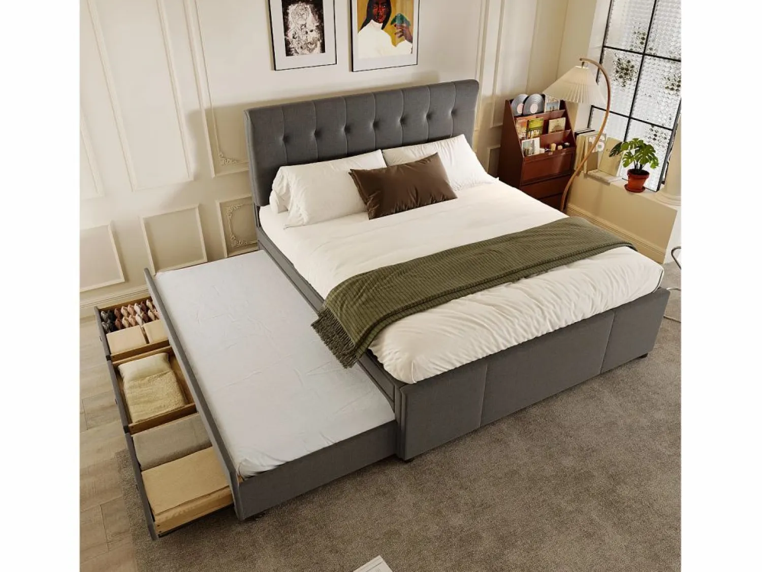 Outlet Cama nido con 3 cajones - 140 x 200 cm + 90 x 190 cm - tejido de lino - cabecero ajustable - color Cama Diván