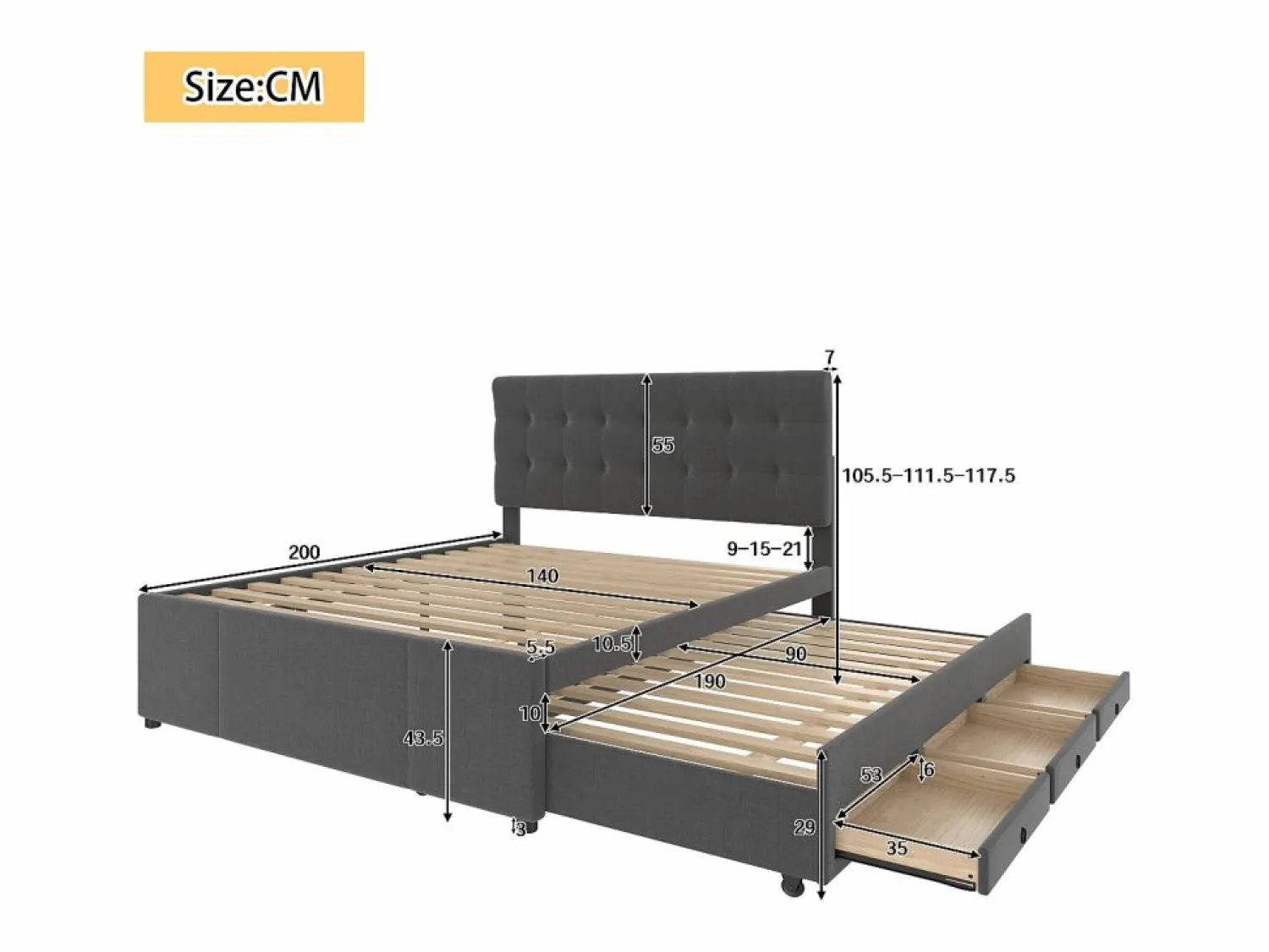 Outlet Cama nido con 3 cajones - 140 x 200 cm + 90 x 190 cm - tejido de lino - cabecero ajustable - color Cama Diván