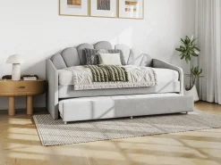 Hot Vente-unique Cama nido con forma de concha 2 x 90 x 190 cm terciopelo + colchón - ELUSIA Gris claro