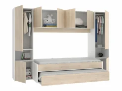 Clearance Cama nido con puente y compartimentos 90 x 190 cm - Color roble y blanco SELENA Cama Nido