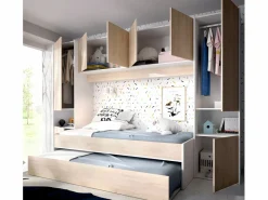 Online Cama nido con puente y compartimentos 90 x 190 cm roble y blanco con colchón SELENA Cama Nido