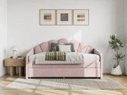 Vente-unique Cama nido en forma de concha 2 x 90 x 190 cm en terciopelo con colchón - ELUSIA