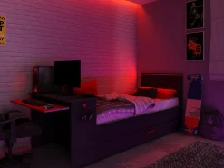 Vente-unique Cama nido gamer 90 x 200 et 90 x 190 cm escritorio LEDs antracita y rojo + colchón VOUANI