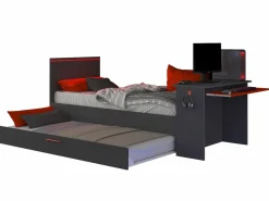 Vente-unique Cama nido gamer 90 x 200 et 90 x 190 cm escritorio LEDs antracita y rojo + colchón VOUANI