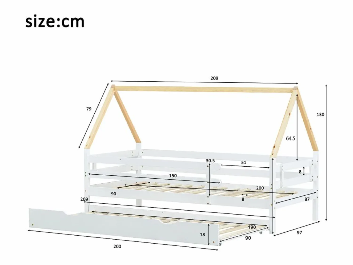 Hauss Spole Cama nido infantil de 90x200 cm con cama nido de 90x190 cm en madera blanca
