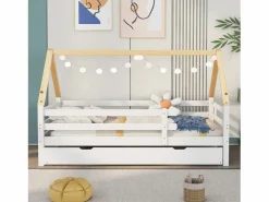 Cama nido 90x200/190 cm - Cama infantil con somier de láminas de madera y ruedas - y natural