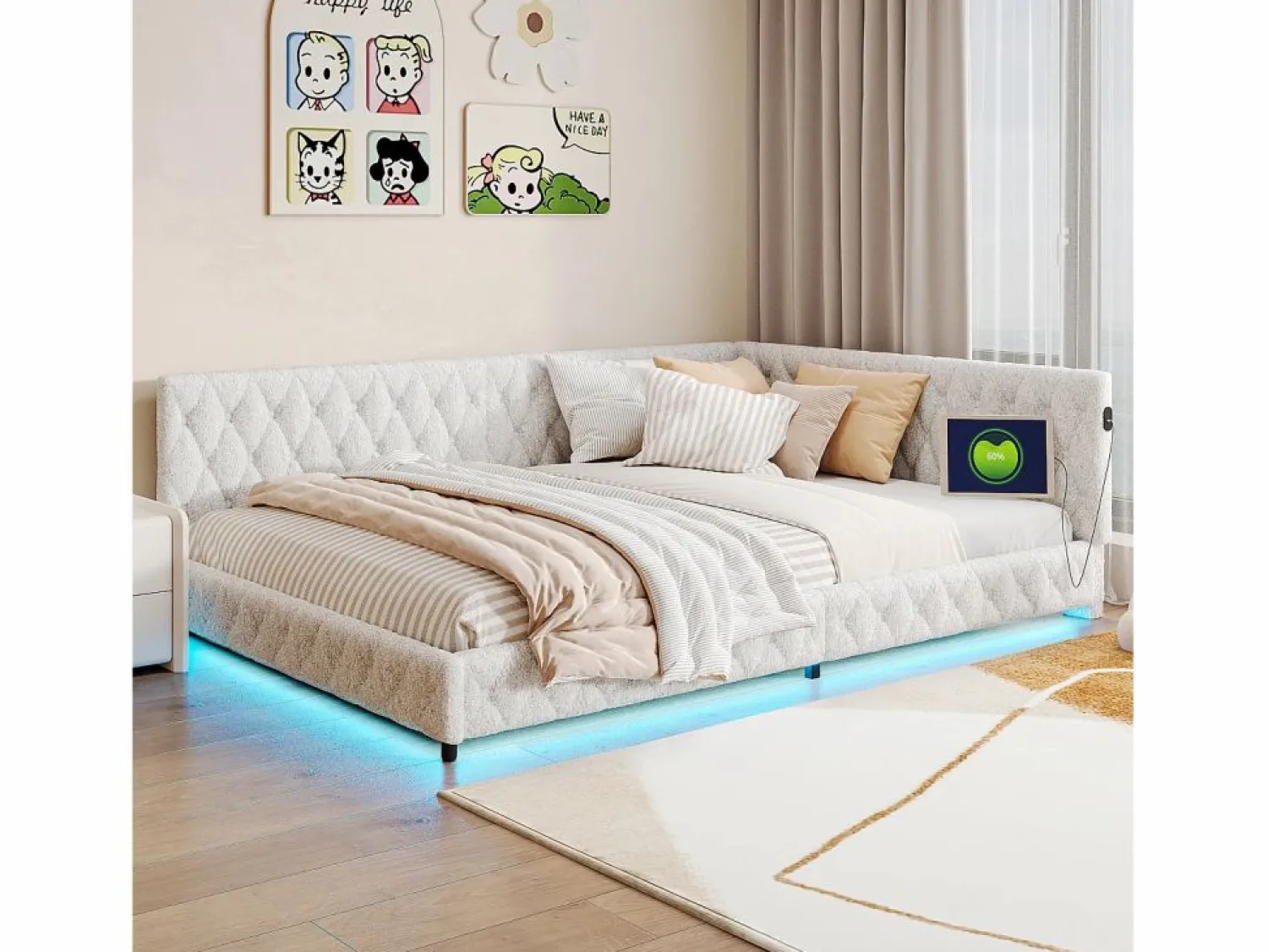 Cama nido 140x200 cm - Terciopelo Teddy, Sofá cama convertible con iluminación LED y carga USB, -