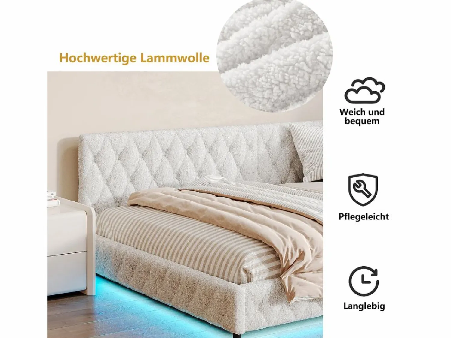 Cama nido 140x200 cm - Terciopelo Teddy, Sofá cama convertible con iluminación LED y carga USB, -