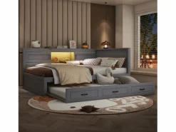 New Cama nido 140x200 cm + 90x190 cm con 2 puertas correderas y tomas USB - LED - Tablero aglomerado + MDF - (sin colchón) Cama Diván