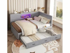 New Cama nido 140x200 cm + 90x190 cm con 2 puertas correderas y tomas USB - LED - Tablero aglomerado + MDF - (sin colchón) Cama Diván