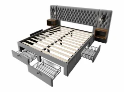 Clearance Cama nido 160x200 cm en terciopelo - Con 4 cajones, 2 mesitas, USB y lámpara de lectura Cama Terciopelo