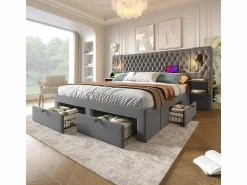 Clearance Cama nido 160x200 cm en terciopelo - Con 4 cajones, 2 mesitas, USB y lámpara de lectura Cama Terciopelo