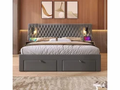 Clearance Cama nido 160x200 cm en terciopelo - Con 4 cajones, 2 mesitas, USB y lámpara de lectura Cama Terciopelo