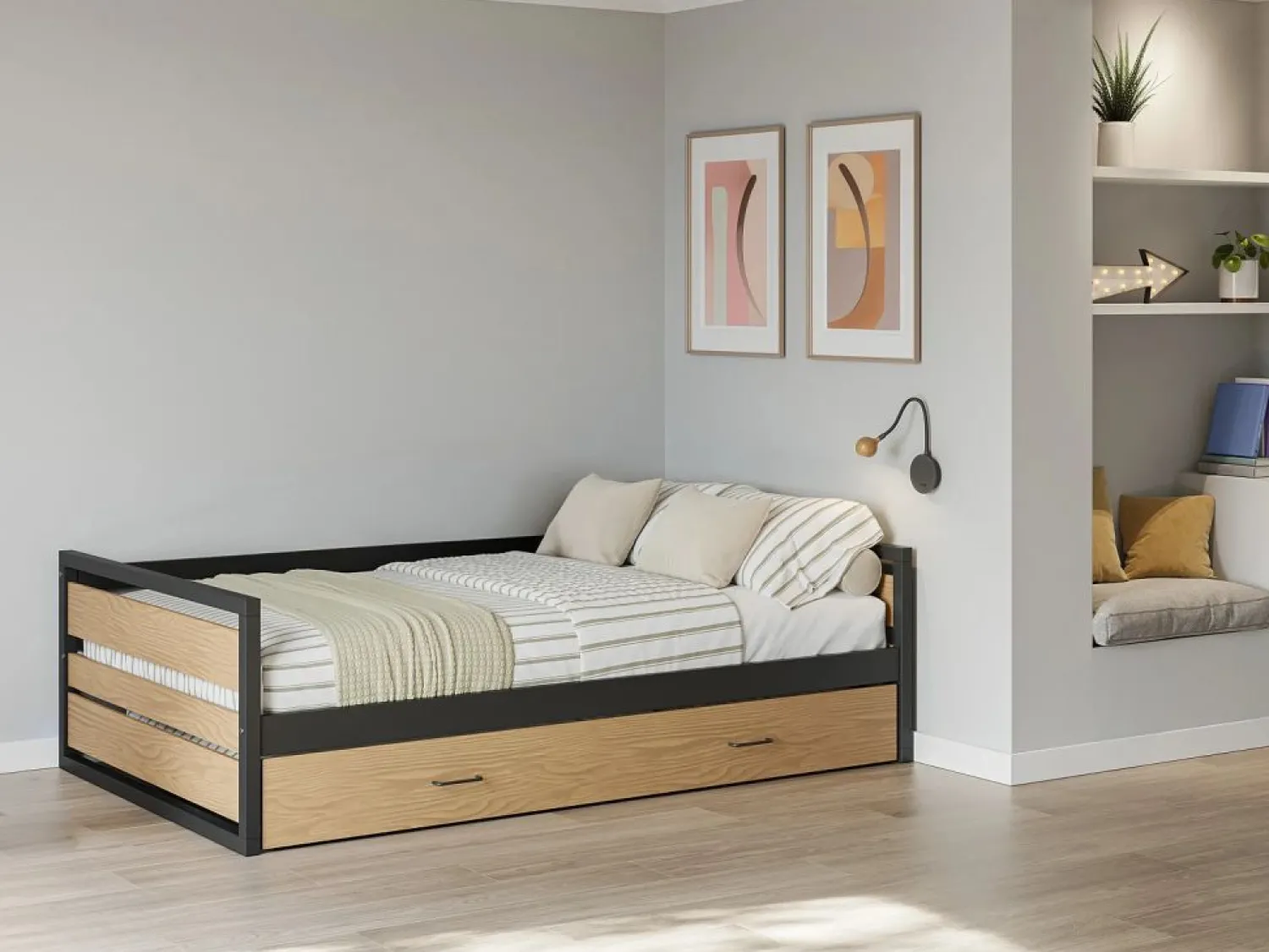 Outlet Cama nido 90x200 y 120x200 cm MDF pino y metal natural y antracita + Colchón - BOSTON Cama Nido|Cama Infantil