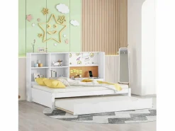 Cama nido 90x200cm+90x190cm, Sofá cama con cabecero con almacenaje y puerto de carga USB,
