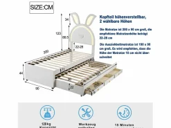Online Cama nido 90x200+90x190cm, cama infantil acolchada en tejido de terciopelo, con cajón de almacenamiento, cabecero LED con orejas de conejo, Cama Terciopelo|Cama Diván