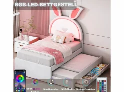 Online Cama nido 90x200+90x190cm, cama infantil acolchada en tejido de terciopelo, con cajón de almacenamiento, cabecero LED con orejas de conejo, Cama Terciopelo|Cama Diván