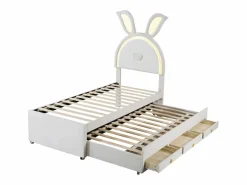 Online Cama nido 90x200+90x190cm, cama infantil acolchada en tejido de terciopelo, con cajón de almacenamiento, cabecero LED con orejas de conejo, Cama Terciopelo|Cama Diván