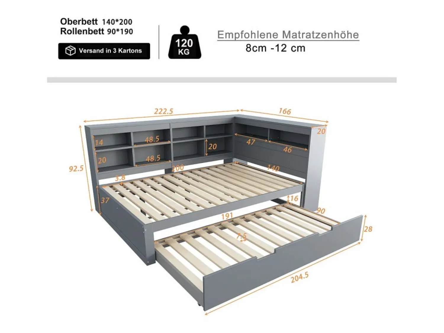 Sale Cama para adulto de 140 x 200 cm - Cama nido con puerto USB y amplio espacio de almacenaje - pino - colchón no incluido Gris