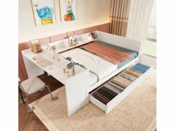 Outlet Cama para adultos de 140 x 200 cm - con 2 cajones y estantes - pino - colchón no incluido Blanco