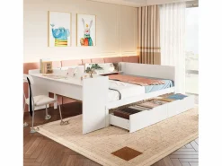 Outlet Cama para adultos de 140 x 200 cm - con 2 cajones y estantes - pino - colchón no incluido Blanco