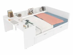 Outlet Cama para adultos de 140 x 200 cm - con 2 cajones y estantes - pino - colchón no incluido Blanco