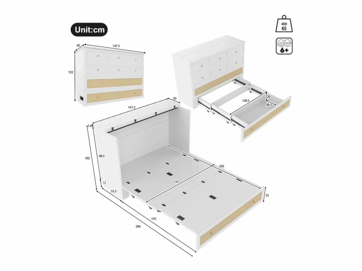 ModernLuxe Cama plegable 140×200 cm - con toma USB y enchufe - (colchón no incluido)