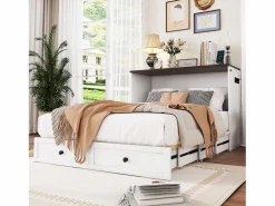 Merax Cama plegable 140 x 200 cm con 2 cajones y estante en la cabecera de la cama - Madera de pino y MDF - Toma USB -