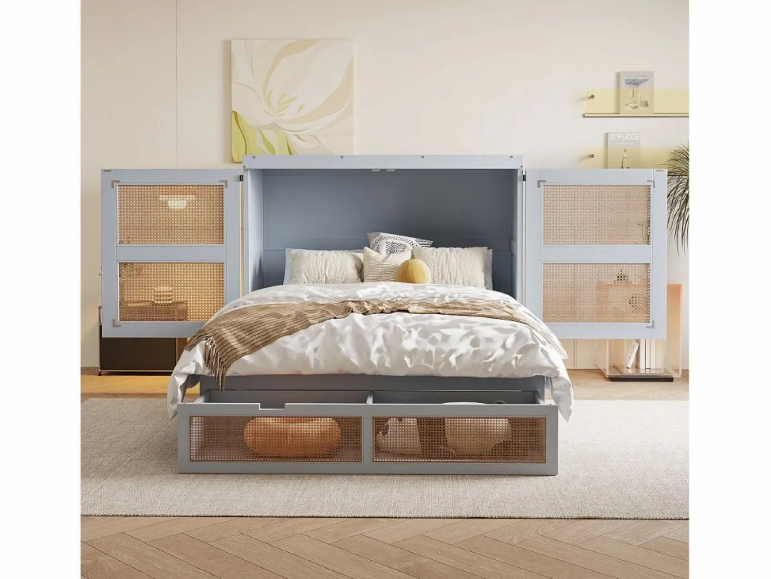 Outlet Cama plegable de 140 x 200 cm con cajones y diseño de ratán - Madera - Colchón no incluido. Cama Abatible