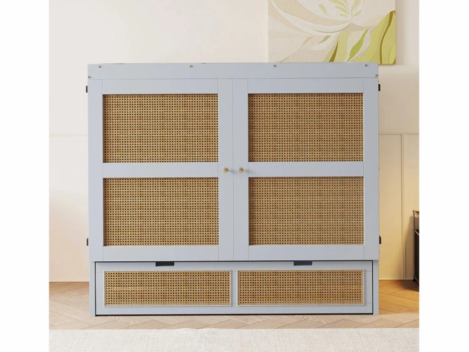 Outlet Cama plegable de 140 x 200 cm con cajones y diseño de ratán - Madera - Colchón no incluido. Cama Abatible