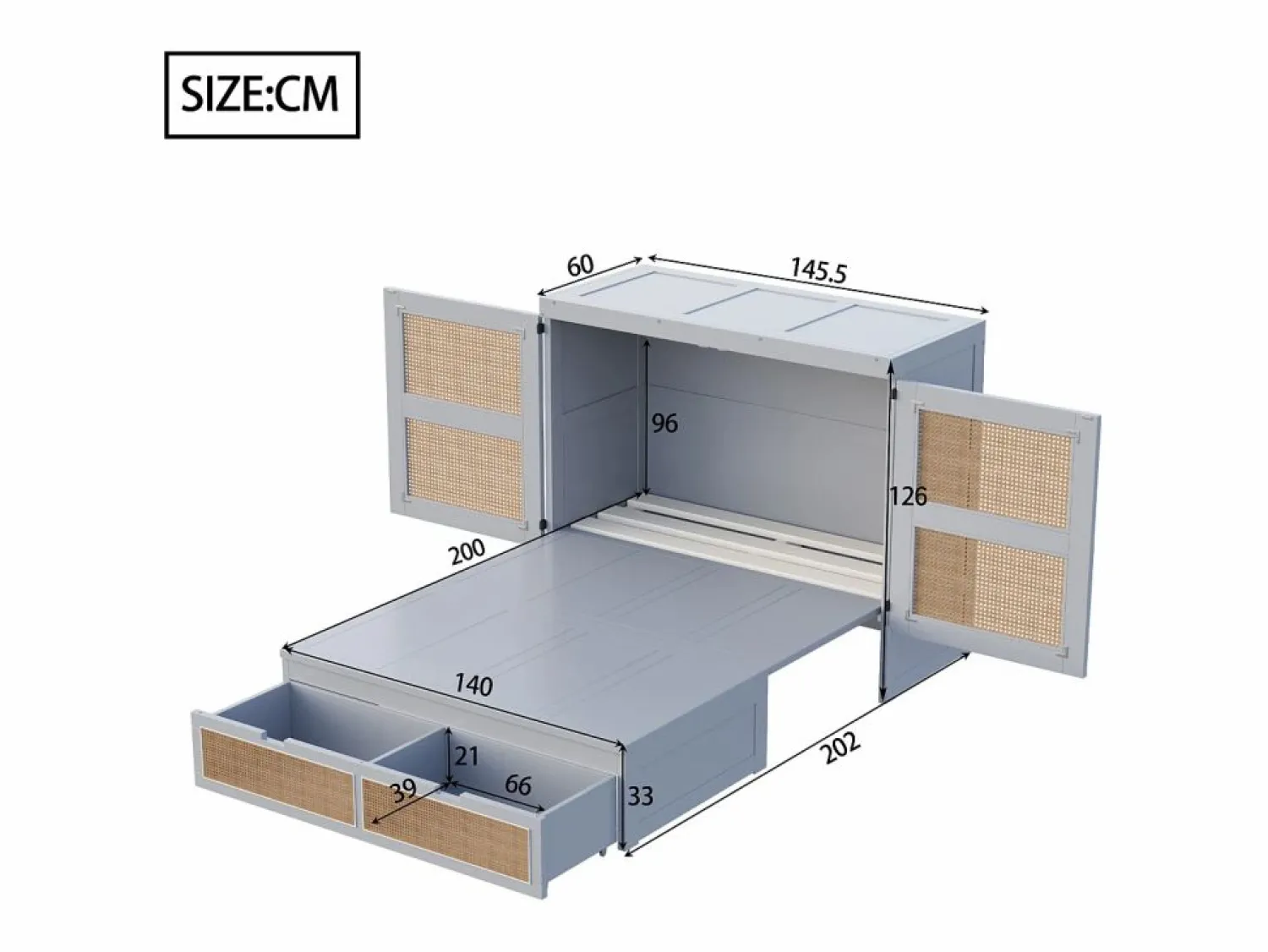 Outlet Cama plegable de 140 x 200 cm con cajones y diseño de ratán - Madera - Colchón no incluido. Cama Abatible