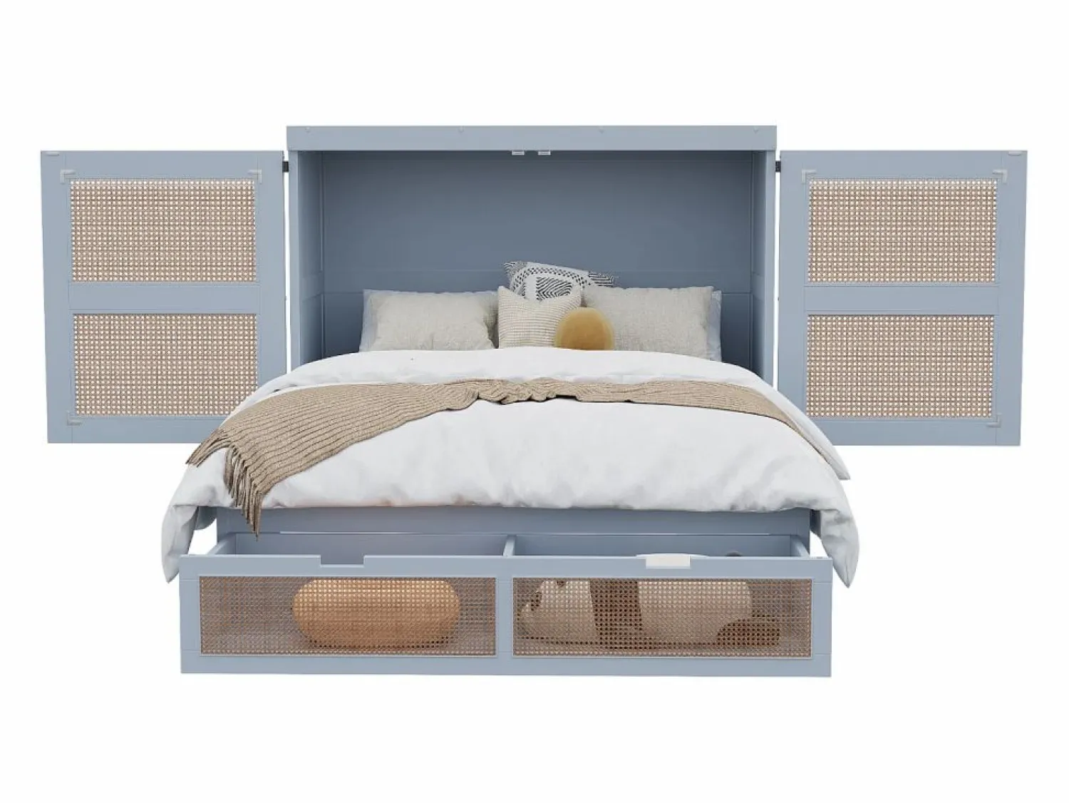 Outlet Cama plegable de 140 x 200 cm con cajones y diseño de ratán - Madera - Colchón no incluido. Cama Abatible