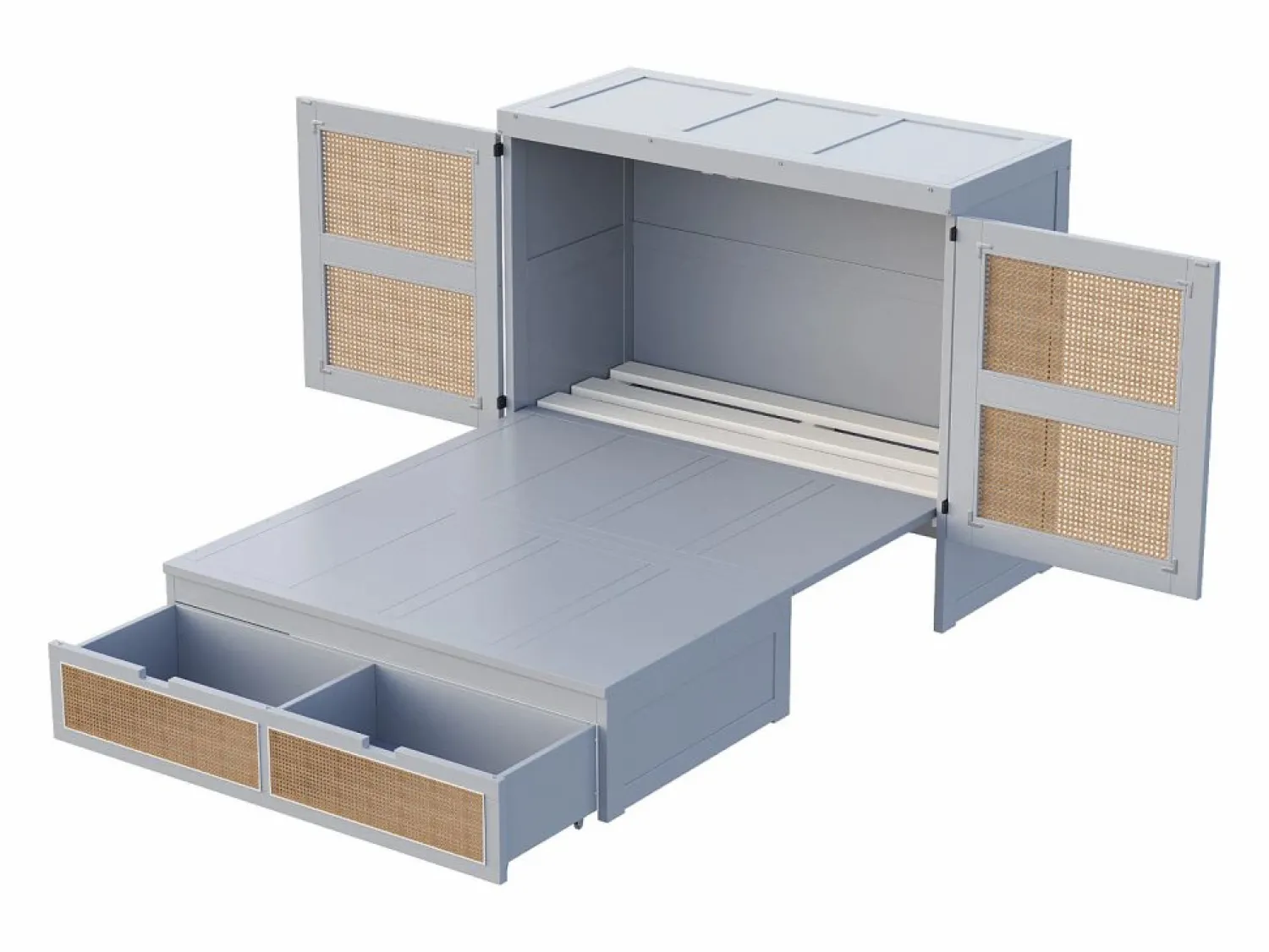 Outlet Cama plegable de 140 x 200 cm con cajones y diseño de ratán - Madera - Colchón no incluido. Cama Abatible
