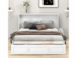 New Cama plegable móvil - 140 x 200 cm - Cama convertible - Cajones y estante - Pino y MDF - Cama Abatible