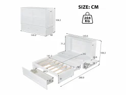 New Cama plegable móvil - 140 x 200 cm - Cama convertible - Cajones y estante - Pino y MDF - Cama Abatible