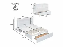 Merax Cama plegable móvil - 140 x 200 cm - convertible en cama - con cajones y estante - pino y MDF -