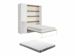 New Cama plegable vertical 140 x 200 cm blanca y natural 1 armario + colchón - RAPILI Cama Abatible
