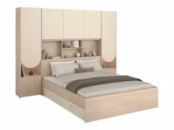 Vente-unique Cama puente 140 x 190 cm con almacenamiento y LEDs en beige y natural + somier - DOMELITO