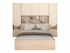 Vente-unique Cama puente 140 x 190 cm con almacenamiento y LEDs en beige y natural + somier - DOMELITO