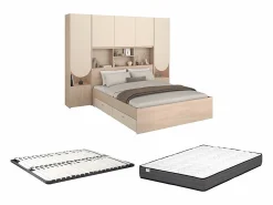 Vente-unique Cama puente 140 x 190 cm con almacenamiento y LEDs beige y natural + somier + colchón - DOMELITO