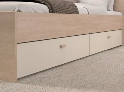 Vente-unique Cama puente 140 x 190 cm con almacenamiento y LEDs beige y natural + somier + colchón - DOMELITO