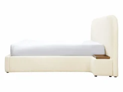 Cama queen size con almacenaje, mesitas de noche de tela bouclé blanca y colchón - ESTERIA by Cama Con Canapé