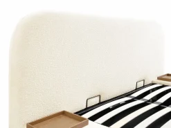 Cama queen size con almacenaje, mesitas de noche de tela bouclé blanca y colchón - ESTERIA by Cama Con Canapé