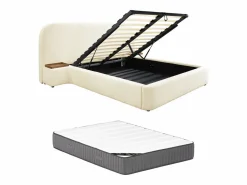 Cama queen size con almacenaje, mesitas de noche de tela bouclé blanca y colchón - ESTERIA by Cama Con Canapé