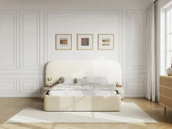Cama queen size con almacenaje, mesitas de noche de tela bouclé blanca y colchón - ESTERIA by Cama Con Canapé